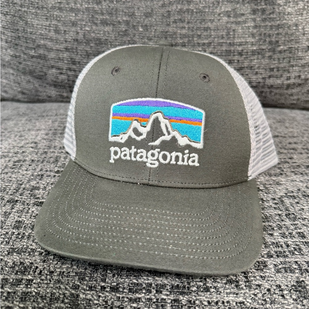 Patagonia Grey and White Trucker Hat with Multicolor Mountain Logo